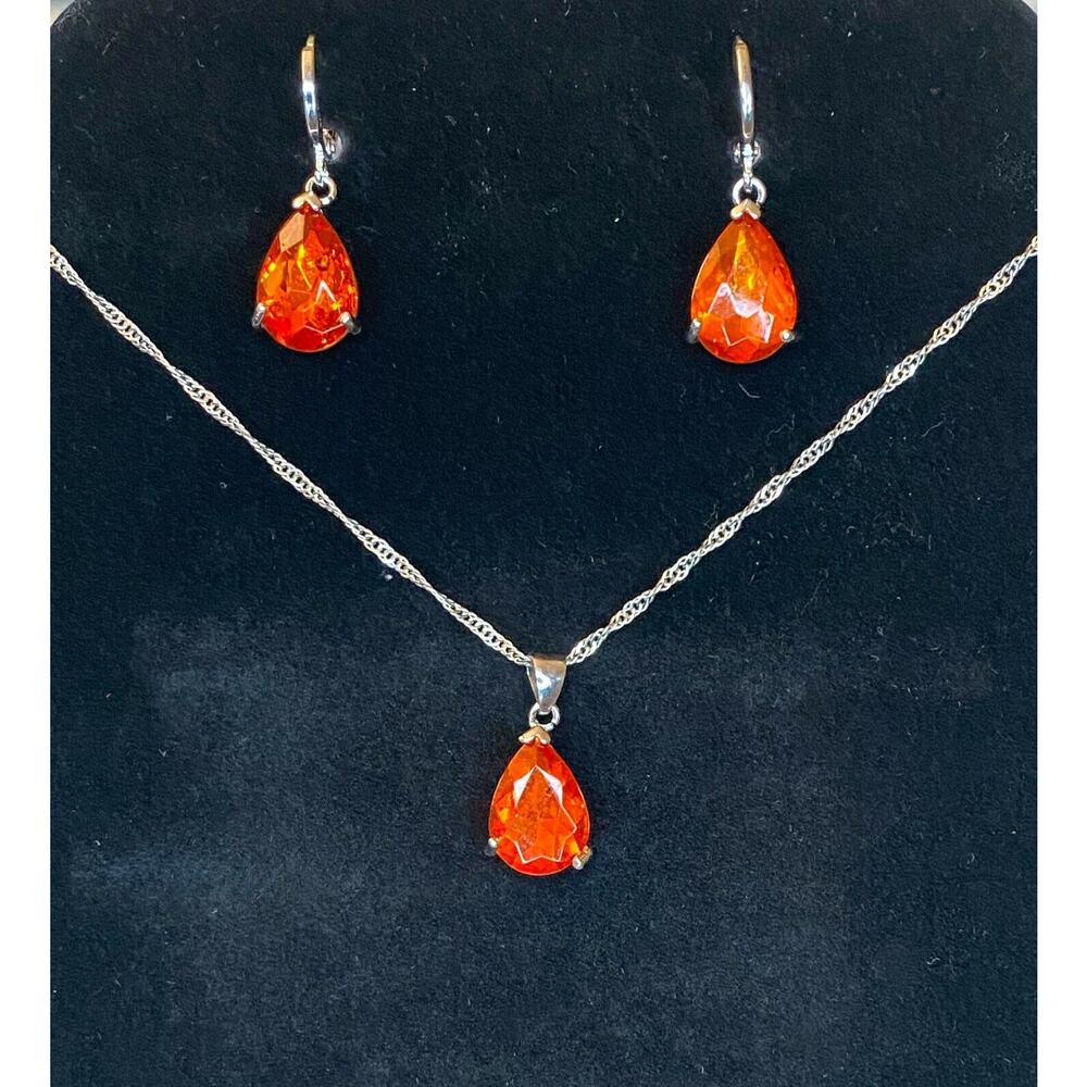 Silver Orange Crystal Rhinestone Gemstone CZ Teardrop Necklace Earrings Set